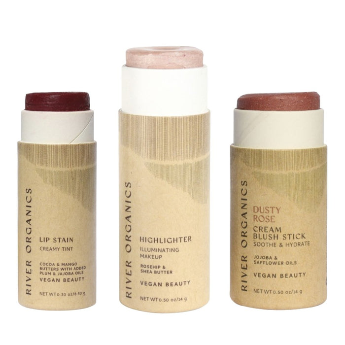 Lip + Highlighter + Blush Set – Customizable Vegan Makeup Trio | Plastic-Free, Organic & Cruelty-Free Beauty
