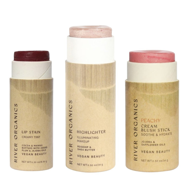 Lip + Highlighter + Blush Set – Customizable Vegan Makeup Trio | Plastic-Free, Organic & Cruelty-Free Beauty