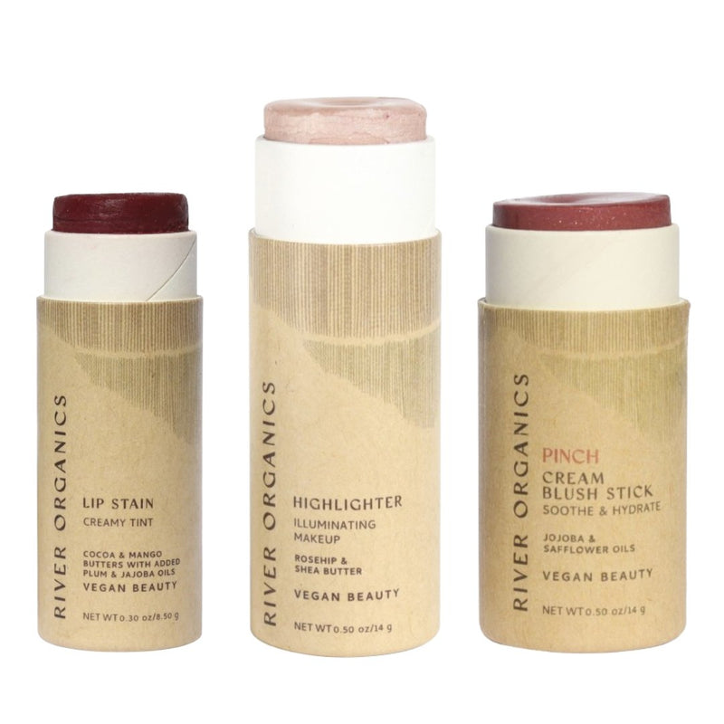 Lip + Highlighter + Blush Set – Customizable Vegan Makeup Trio | Plastic-Free, Organic & Cruelty-Free Beauty