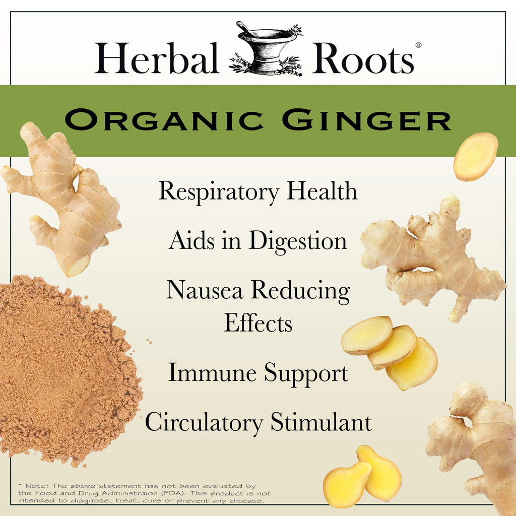 images of fresh ginger root, sliced ginger root and powdered ginger with text that says Herbal Roots Organic Ginger - Respiratory health, aids in digestions, nausea reducing effects, immune support, circulatory stimulant.
