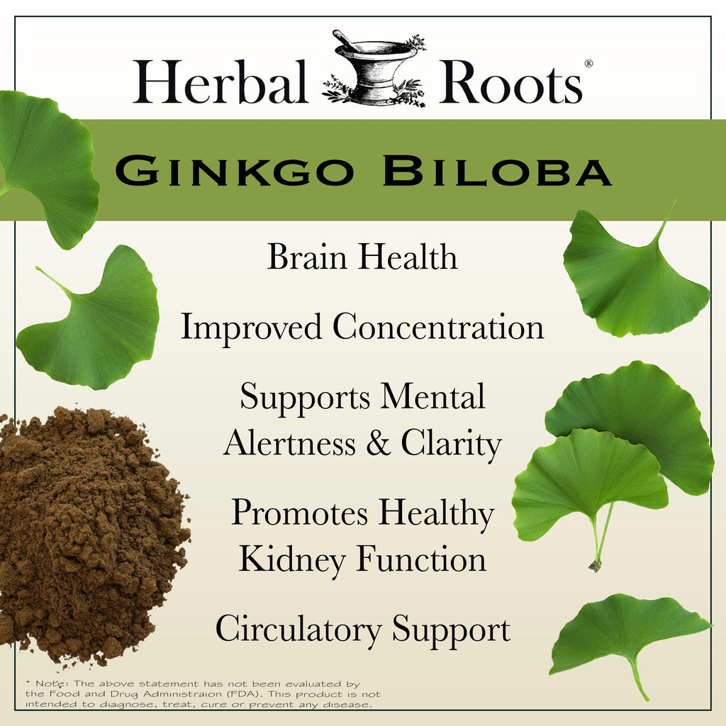 Ginkgo biloba leaves and a pile of ginkgo powder with text that says Herbal Roots Ginkgo Biloba- Brain health, improved concentration, supports mental alertness and clarity, promotes healthy kidney function, circulatory support. 