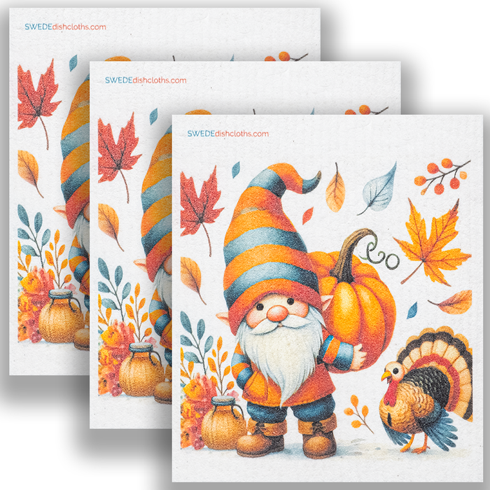 Eco-Friendly Swedish Dishcloths – Thanksgiving Gnome & Turkey Set of 3 | Reusable Paper Towel Alternative