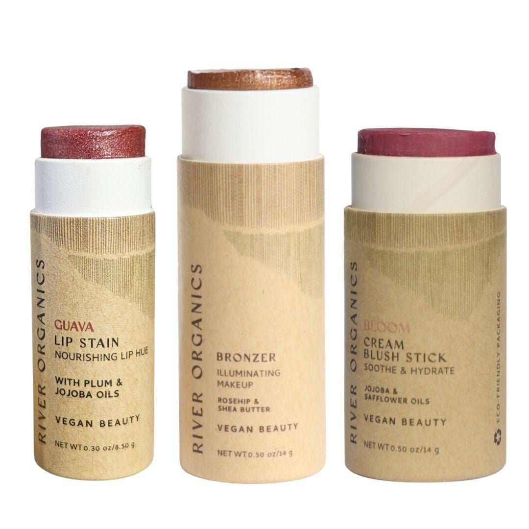 Lip + Highlighter + Blush Set – Customizable Vegan Makeup Trio | Plastic-Free, Organic &amp; Cruelty-Free Beauty