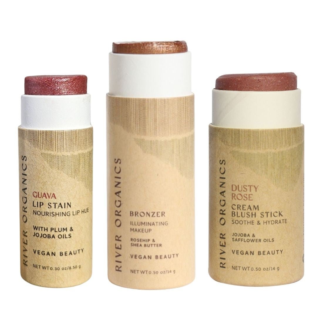 Lip + Highlighter + Blush Set – Customizable Vegan Makeup Trio | Plastic-Free, Organic &amp; Cruelty-Free Beauty