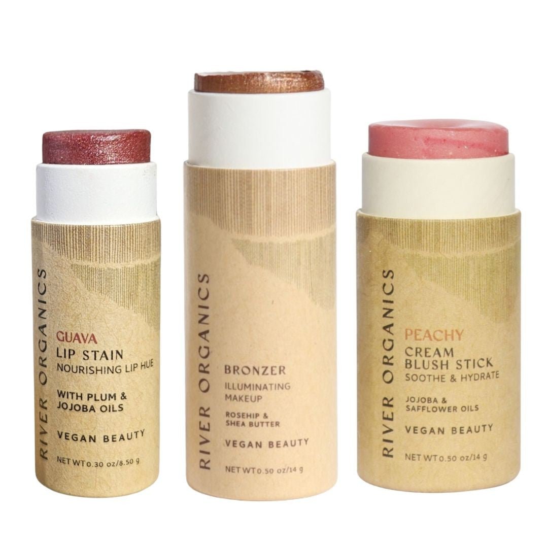 Lip + Highlighter + Blush Set – Customizable Vegan Makeup Trio | Plastic-Free, Organic &amp; Cruelty-Free Beauty