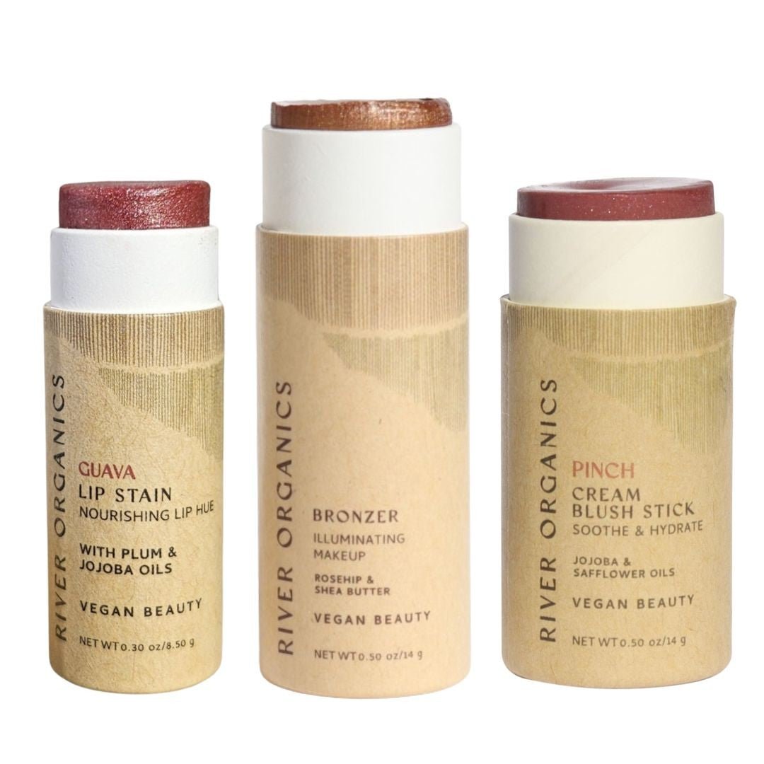 Lip + Highlighter + Blush Set – Customizable Vegan Makeup Trio | Plastic-Free, Organic &amp; Cruelty-Free Beauty