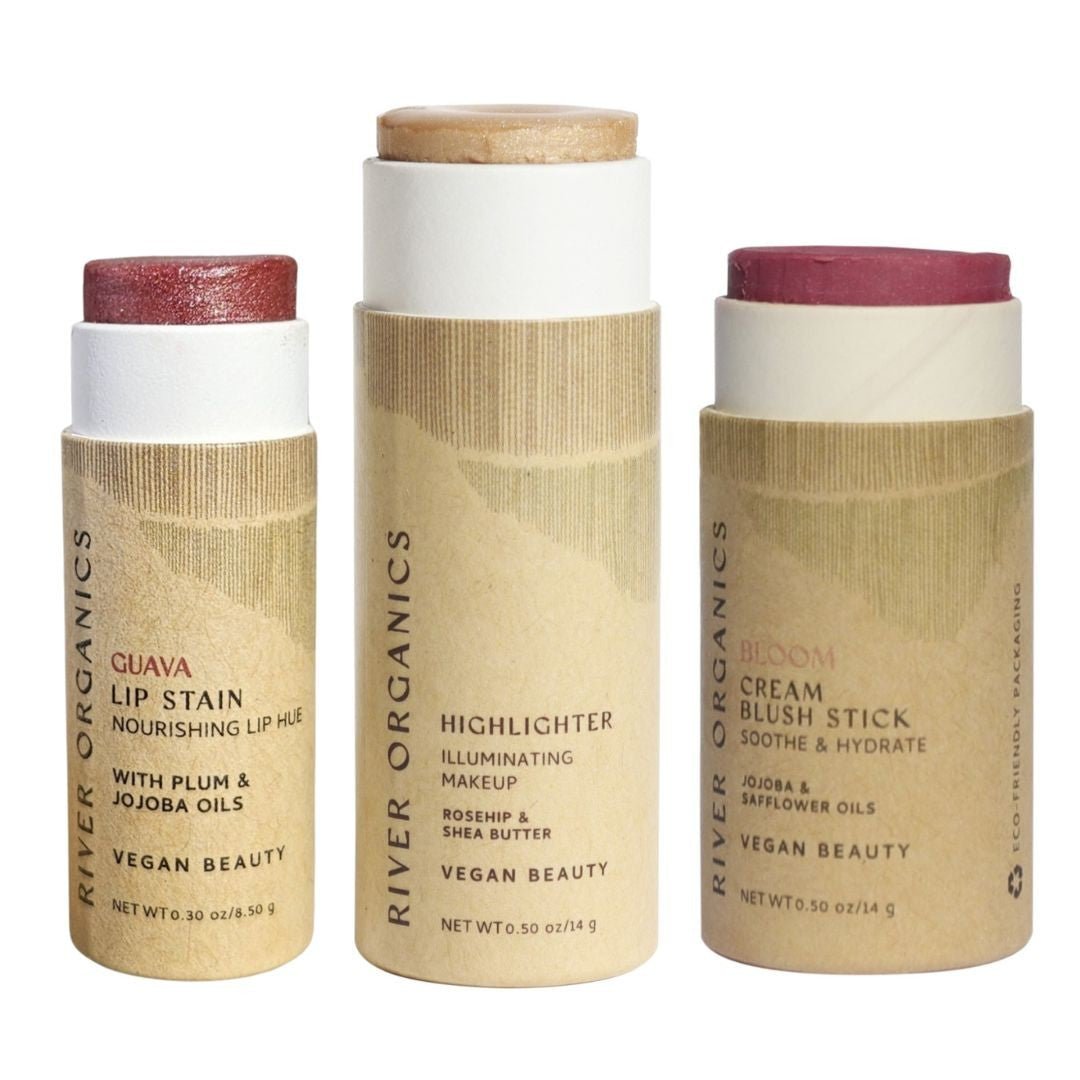 Lip + Highlighter + Blush Set – Customizable Vegan Makeup Trio | Plastic-Free, Organic &amp; Cruelty-Free Beauty