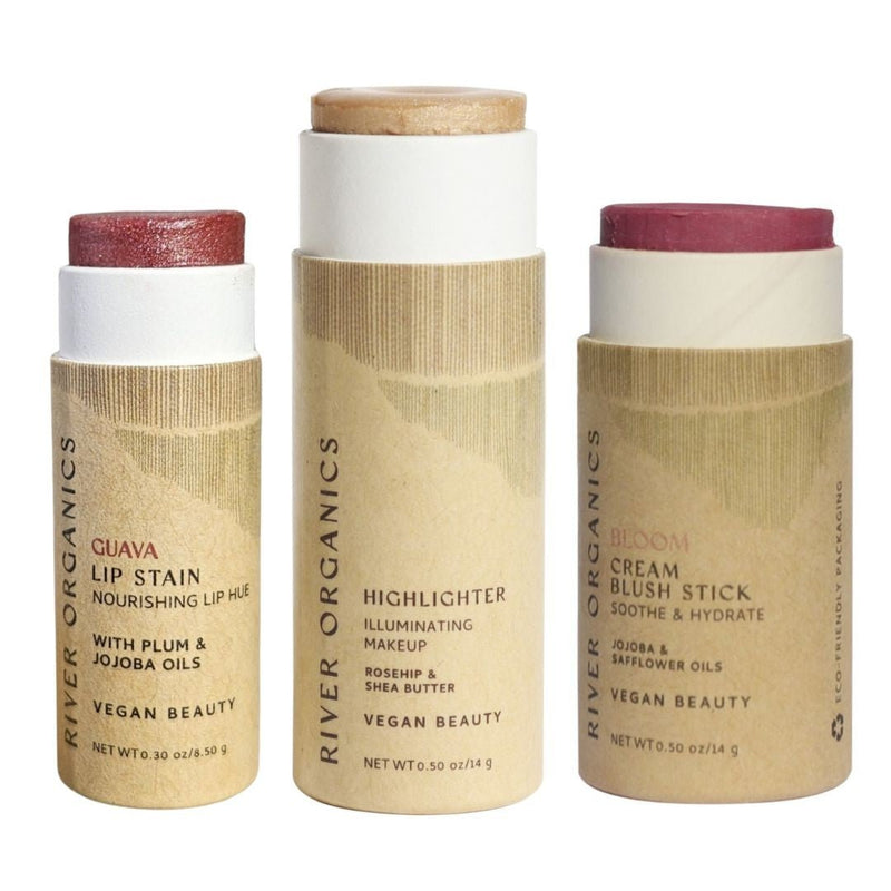 Lip + Highlighter + Blush Set – Customizable Vegan Makeup Trio | Plastic-Free, Organic & Cruelty-Free Beauty