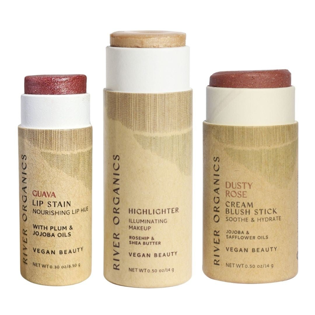 Lip + Highlighter + Blush Set – Customizable Vegan Makeup Trio | Plastic-Free, Organic &amp; Cruelty-Free Beauty