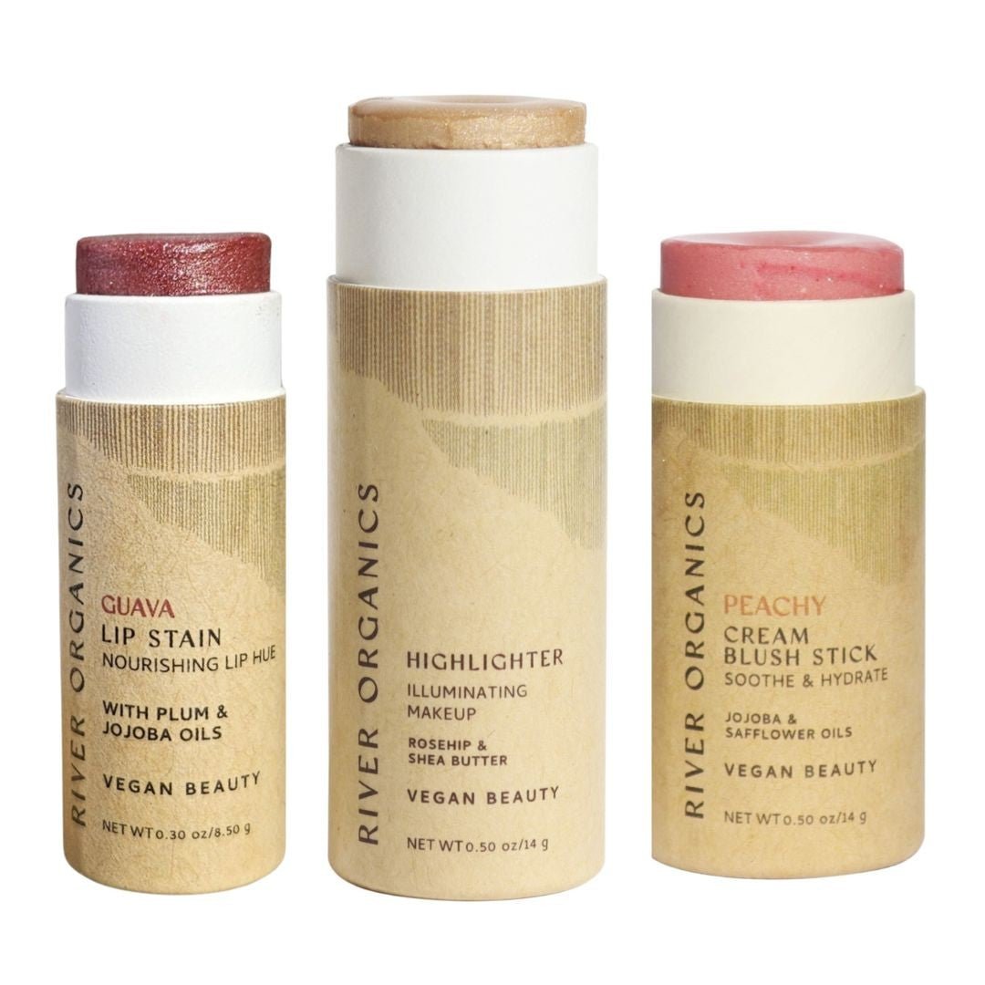 Lip + Highlighter + Blush Set – Customizable Vegan Makeup Trio | Plastic-Free, Organic &amp; Cruelty-Free Beauty