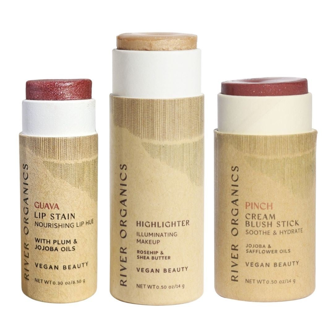 Lip + Highlighter + Blush Set – Customizable Vegan Makeup Trio | Plastic-Free, Organic &amp; Cruelty-Free Beauty