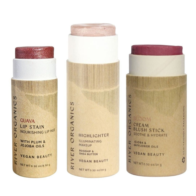 Lip + Highlighter + Blush Set – Customizable Vegan Makeup Trio | Plastic-Free, Organic & Cruelty-Free Beauty