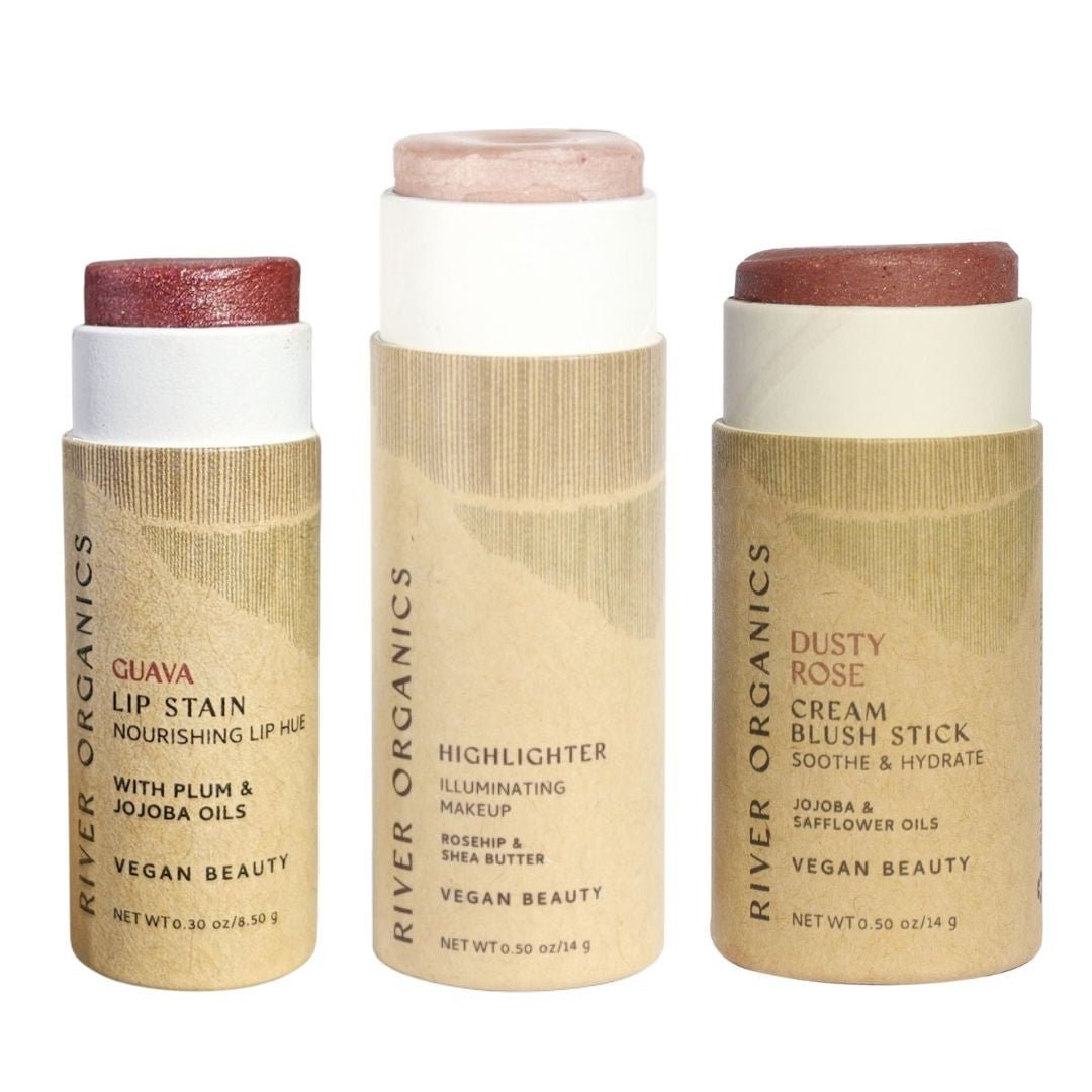 Lip + Highlighter + Blush Set – Customizable Vegan Makeup Trio | Plastic-Free, Organic &amp; Cruelty-Free Beauty