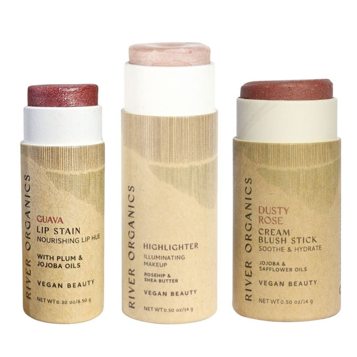 Lip + Highlighter + Blush Set – Customizable Vegan Makeup Trio | Plastic-Free, Organic & Cruelty-Free Beauty