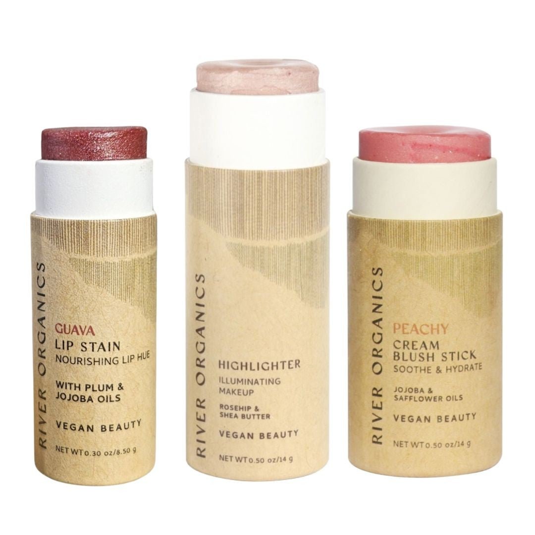 Lip + Highlighter + Blush Set – Customizable Vegan Makeup Trio | Plastic-Free, Organic &amp; Cruelty-Free Beauty