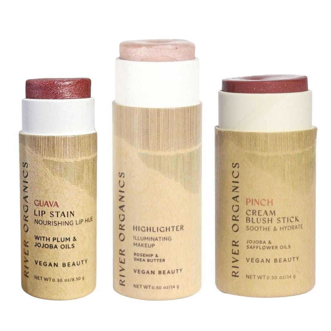 Lip + Highlighter + Blush Set – Customizable Vegan Makeup Trio | Plastic-Free, Organic &amp; Cruelty-Free Beauty