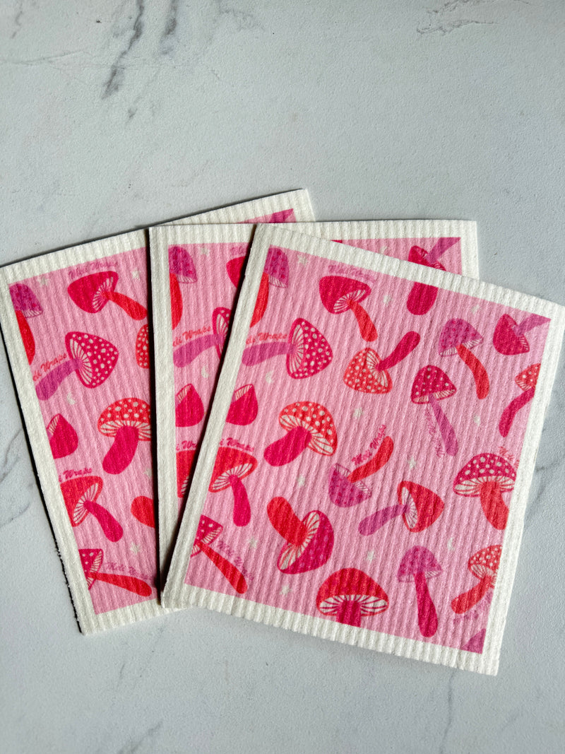 Pink Mushroom Swedish Dish Cloth Set of 3 | Eco-Friendly Reusable Cleaning Cloths