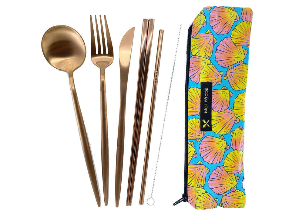 Beeswax Wrap Bulk Roll + Cutlery Set in Shell Print | Sustainable Plastic-Free Kitchen Bundle