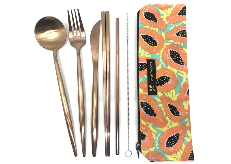 Reusable Cutlery Set – Tropical Papaya | Eco-Friendly Stainless Steel Travel Utensil Kit