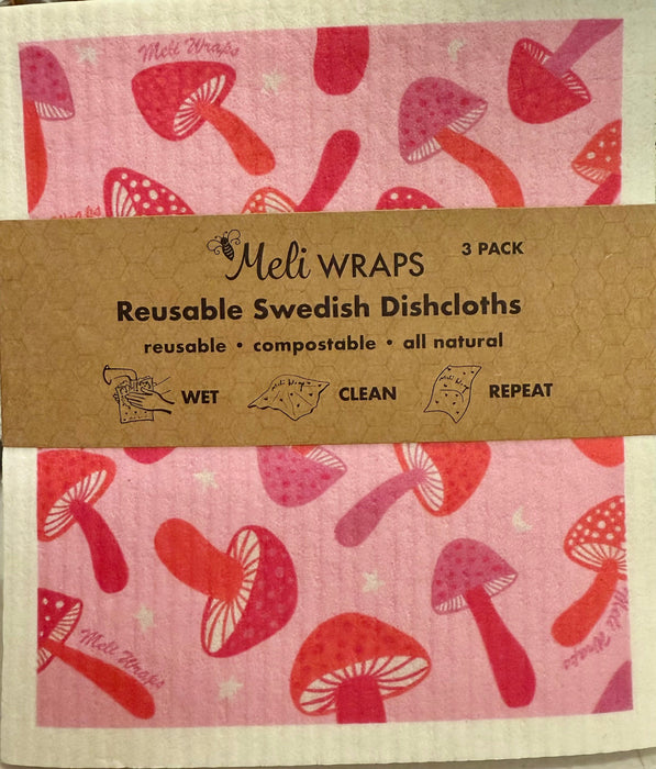 Pink Mushroom Swedish Dish Cloth Set of 3 | Eco-Friendly Reusable Cleaning Cloths