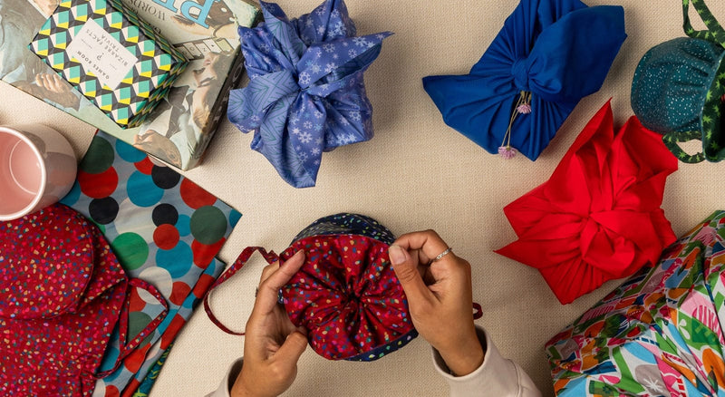 Medium Reusable Fabric Gift Bag | Blue & Red Confetti