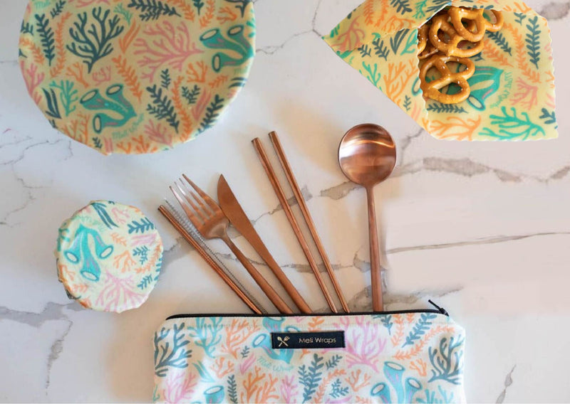 Beeswax Wrap Bulk Roll + Cutlery Set in Reef Print | Sustainable Plastic-Free Kitchen Bundle