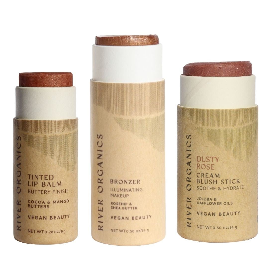 Lip + Highlighter + Blush Set – Customizable Vegan Makeup Trio | Plastic-Free, Organic &amp; Cruelty-Free Beauty