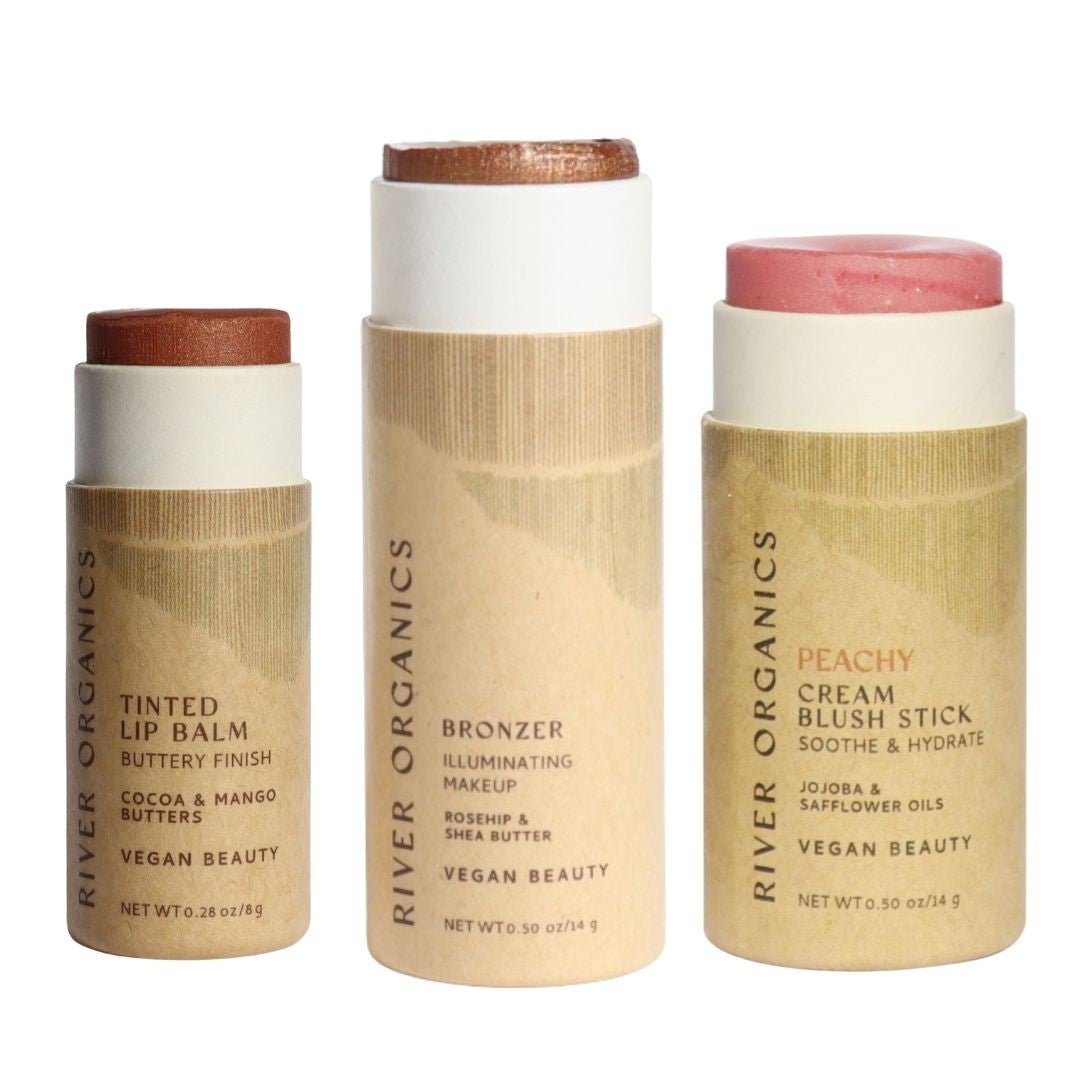 Lip + Highlighter + Blush Set – Customizable Vegan Makeup Trio | Plastic-Free, Organic &amp; Cruelty-Free Beauty