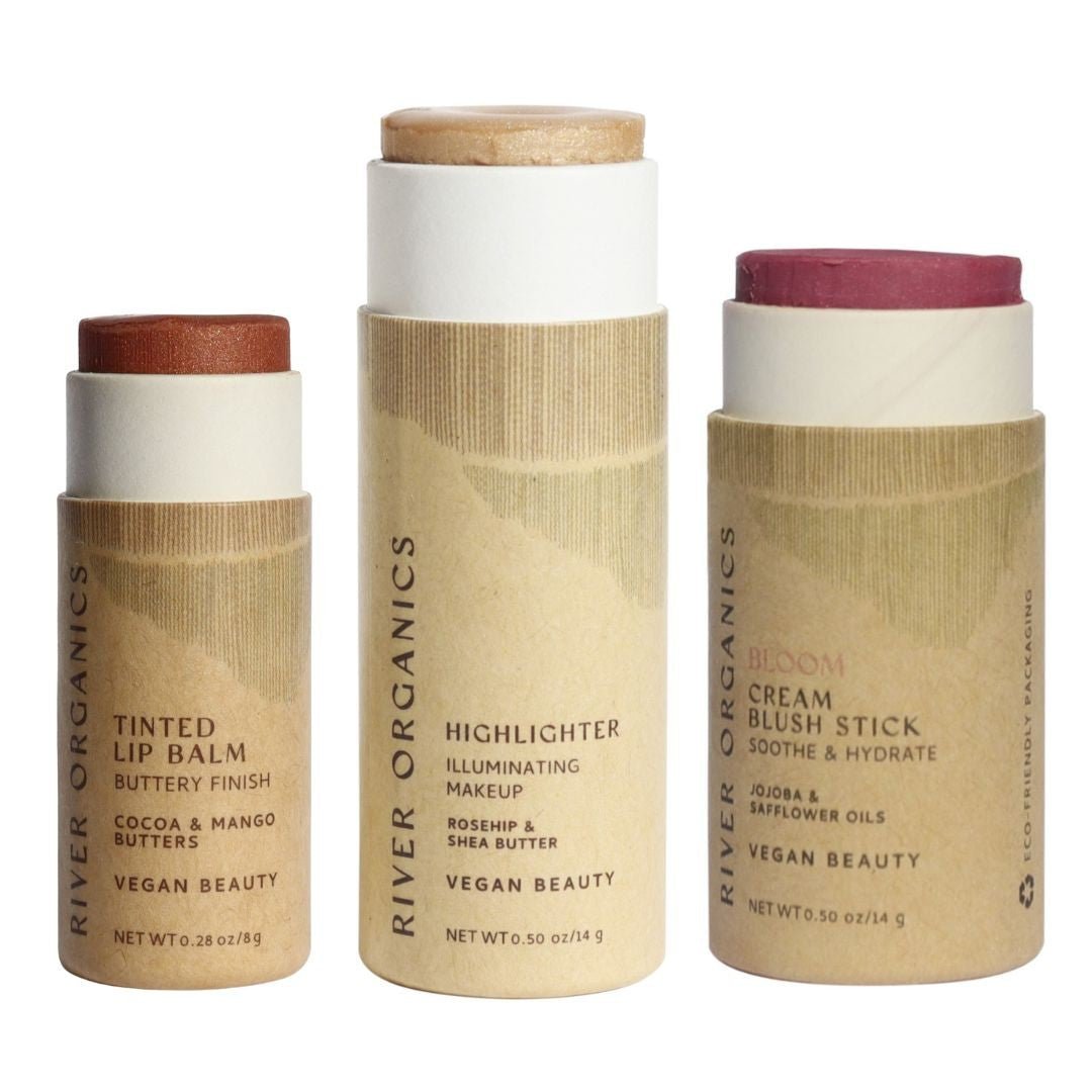 Lip + Highlighter + Blush Set – Customizable Vegan Makeup Trio | Plastic-Free, Organic &amp; Cruelty-Free Beauty