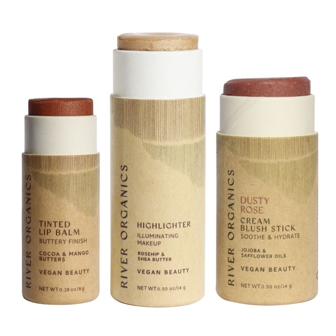 Lip + Highlighter + Blush Set – Customizable Vegan Makeup Trio | Plastic-Free, Organic &amp; Cruelty-Free Beauty