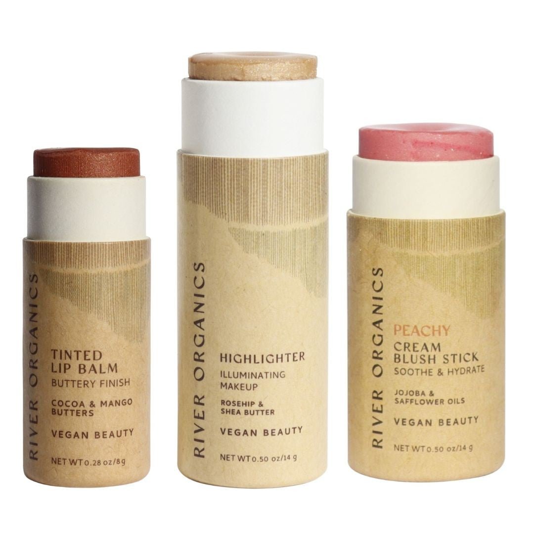 Lip + Highlighter + Blush Set – Customizable Vegan Makeup Trio | Plastic-Free, Organic &amp; Cruelty-Free Beauty
