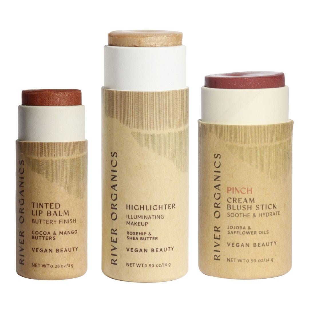 Lip + Highlighter + Blush Set – Customizable Vegan Makeup Trio | Plastic-Free, Organic &amp; Cruelty-Free Beauty