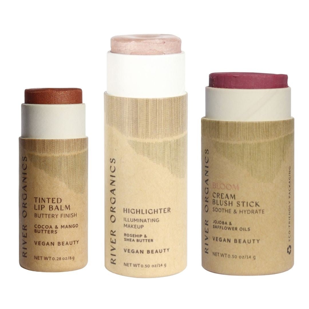 Lip + Highlighter + Blush Set – Customizable Vegan Makeup Trio | Plastic-Free, Organic &amp; Cruelty-Free Beauty