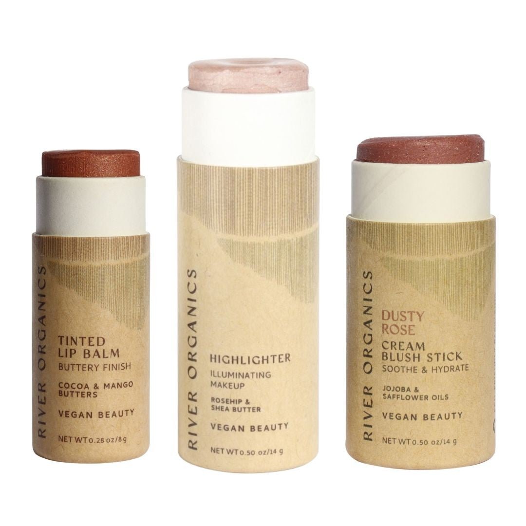 Lip + Highlighter + Blush Set – Customizable Vegan Makeup Trio | Plastic-Free, Organic &amp; Cruelty-Free Beauty