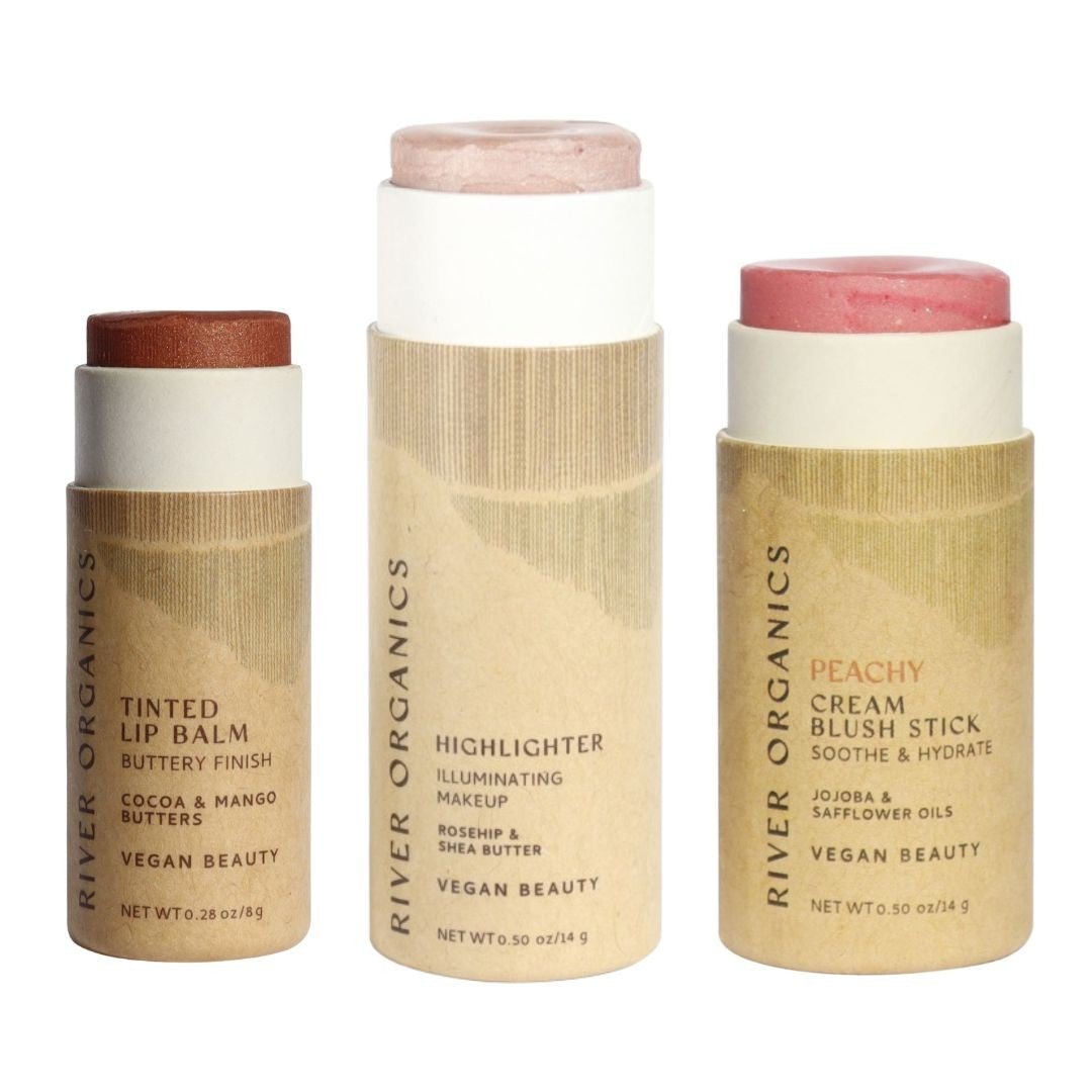 Lip + Highlighter + Blush Set – Customizable Vegan Makeup Trio | Plastic-Free, Organic &amp; Cruelty-Free Beauty