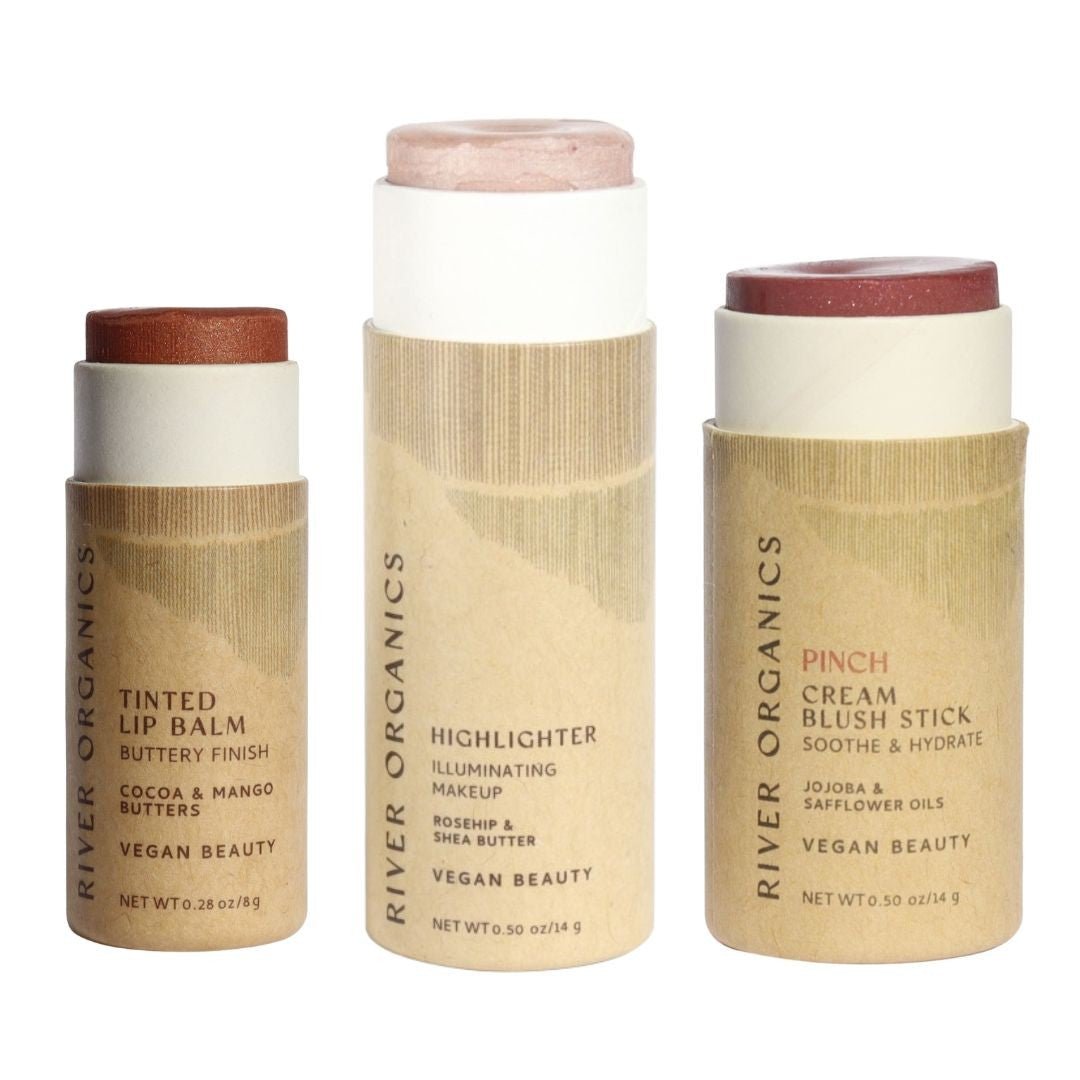 Lip + Highlighter + Blush Set – Customizable Vegan Makeup Trio | Plastic-Free, Organic &amp; Cruelty-Free Beauty
