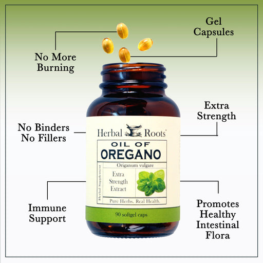 A bottle of Herbal Roots Oil of Oregano with 4 gel caps coming out of the top of the bottle. There are lines going from text to the bottle or capsules. The texts say No more burning, gel capsules, no binders no fillers, extra strength, Immune support and Promotes Healthy Intestinal Flora