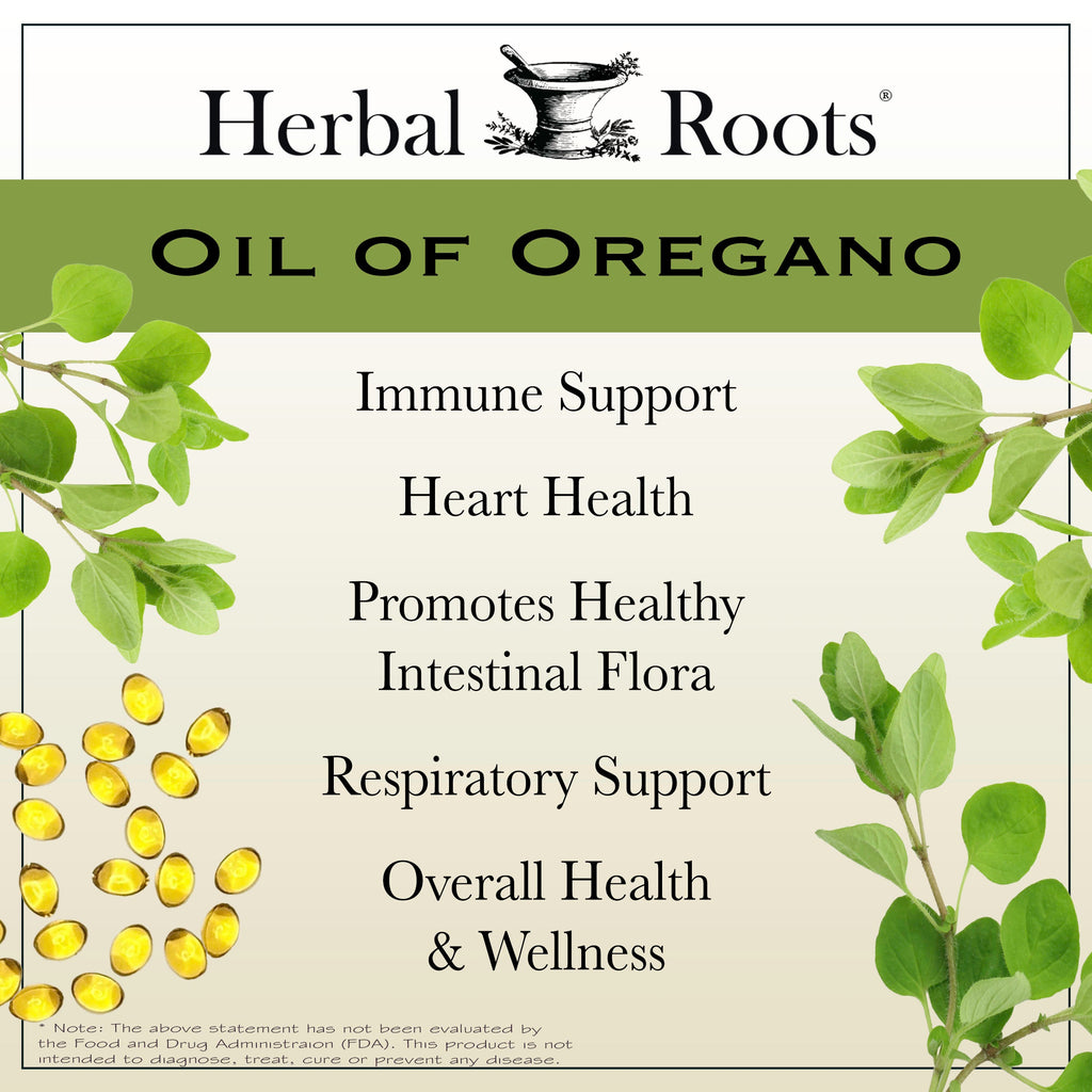 sprigs of fresh oregano and a few oil of oregano softgels. Herbal Roots Oil of Oregano - Immune support, heart health, promotes healthy intestinal flora, respiratory support, overall health and wellness. 