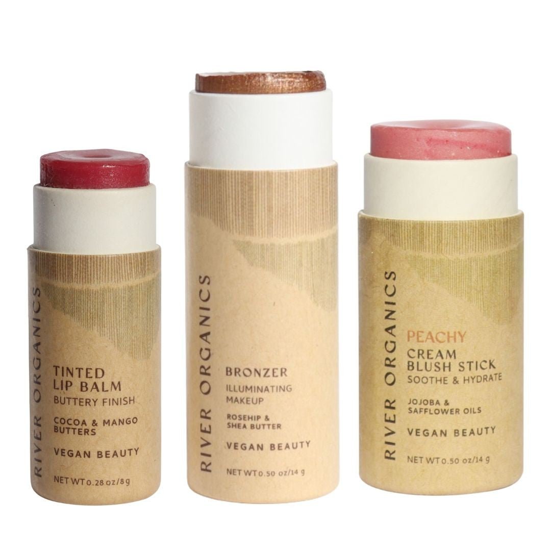 Lip + Highlighter + Blush Set – Customizable Vegan Makeup Trio | Plastic-Free, Organic &amp; Cruelty-Free Beauty