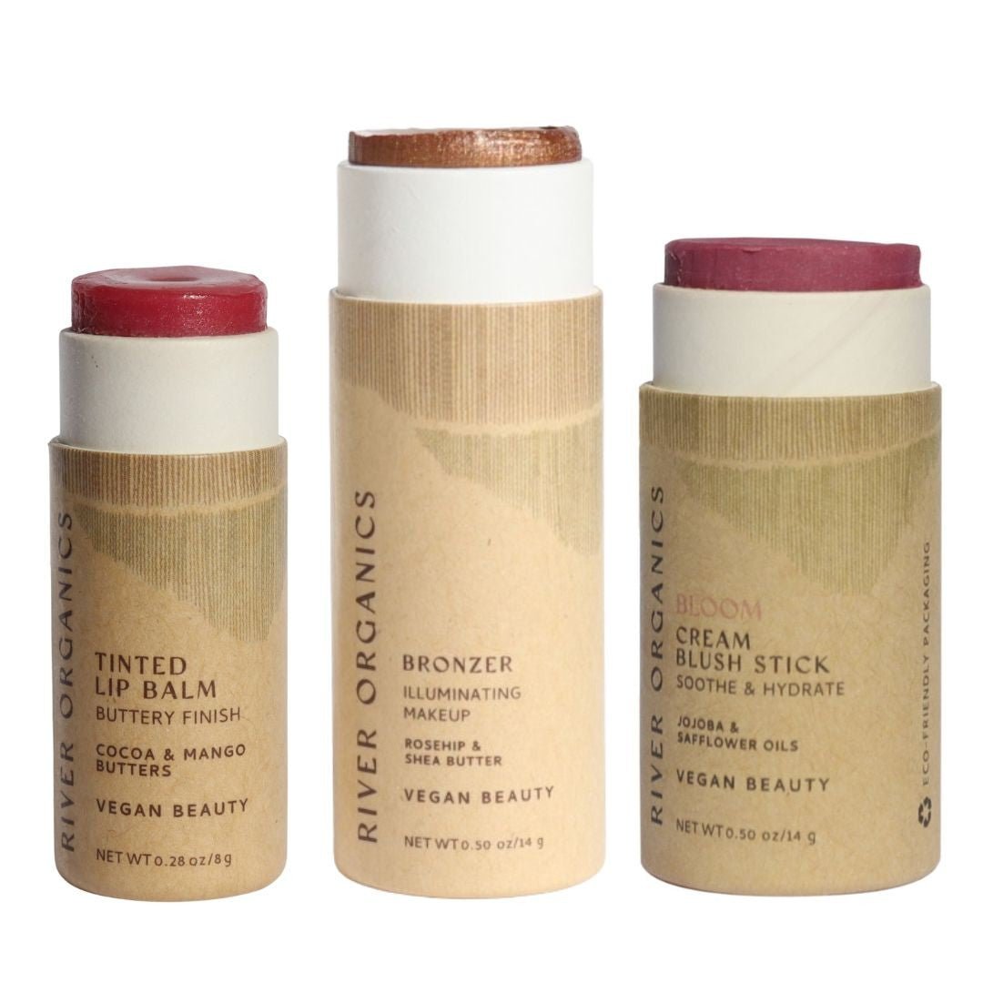 Lip + Highlighter + Blush Set – Customizable Vegan Makeup Trio | Plastic-Free, Organic &amp; Cruelty-Free Beauty