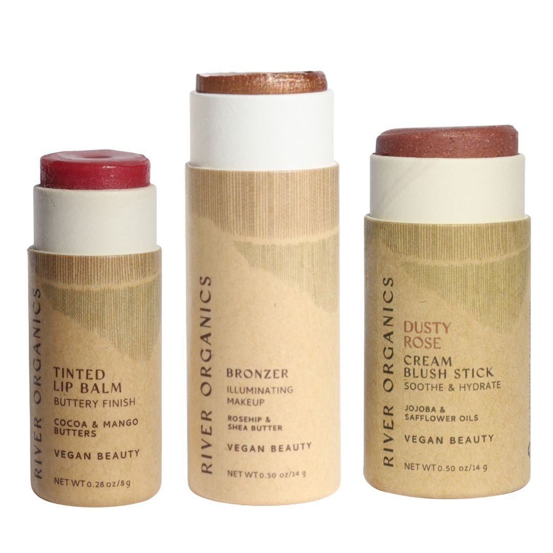 Lip + Highlighter + Blush Set – Customizable Vegan Makeup Trio | Plastic-Free, Organic &amp; Cruelty-Free Beauty
