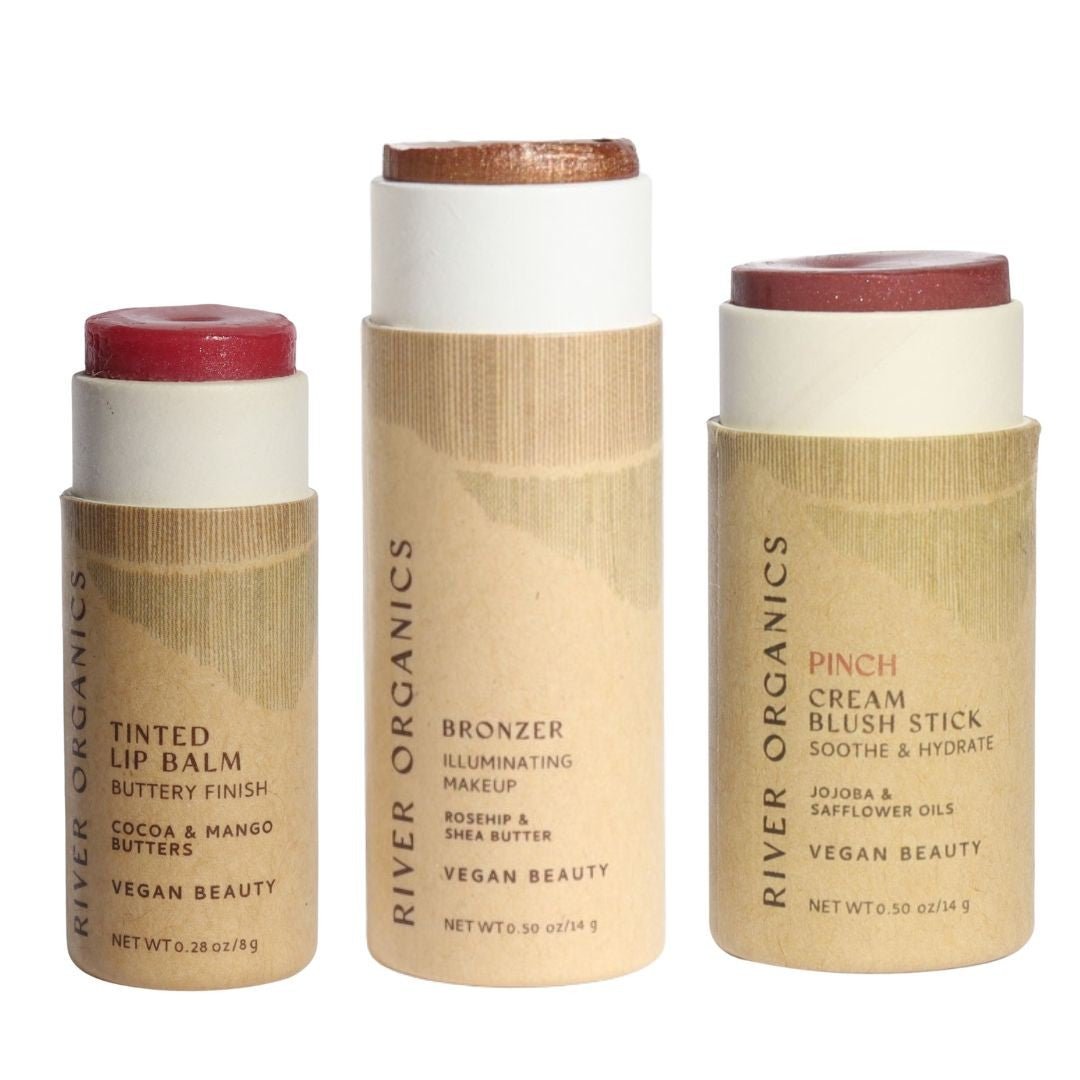 Lip + Highlighter + Blush Set – Customizable Vegan Makeup Trio | Plastic-Free, Organic &amp; Cruelty-Free Beauty