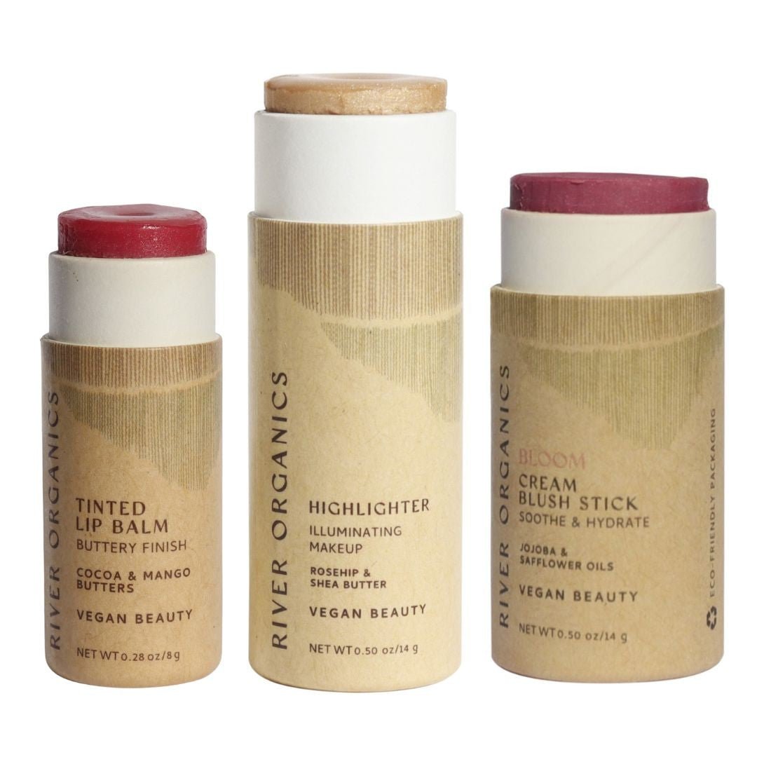 Lip + Highlighter + Blush Set – Customizable Vegan Makeup Trio | Plastic-Free, Organic &amp; Cruelty-Free Beauty