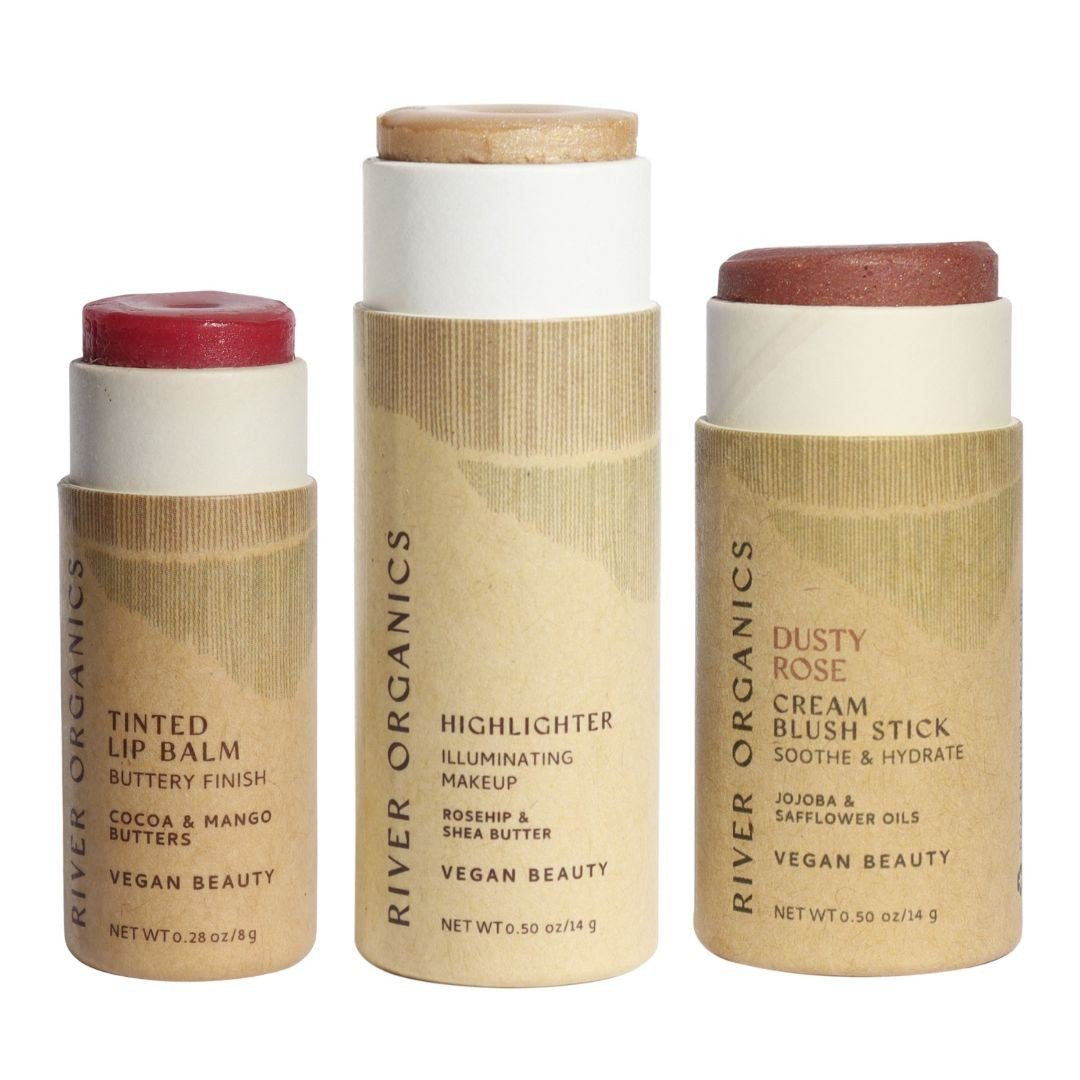 Lip + Highlighter + Blush Set – Customizable Vegan Makeup Trio | Plastic-Free, Organic &amp; Cruelty-Free Beauty