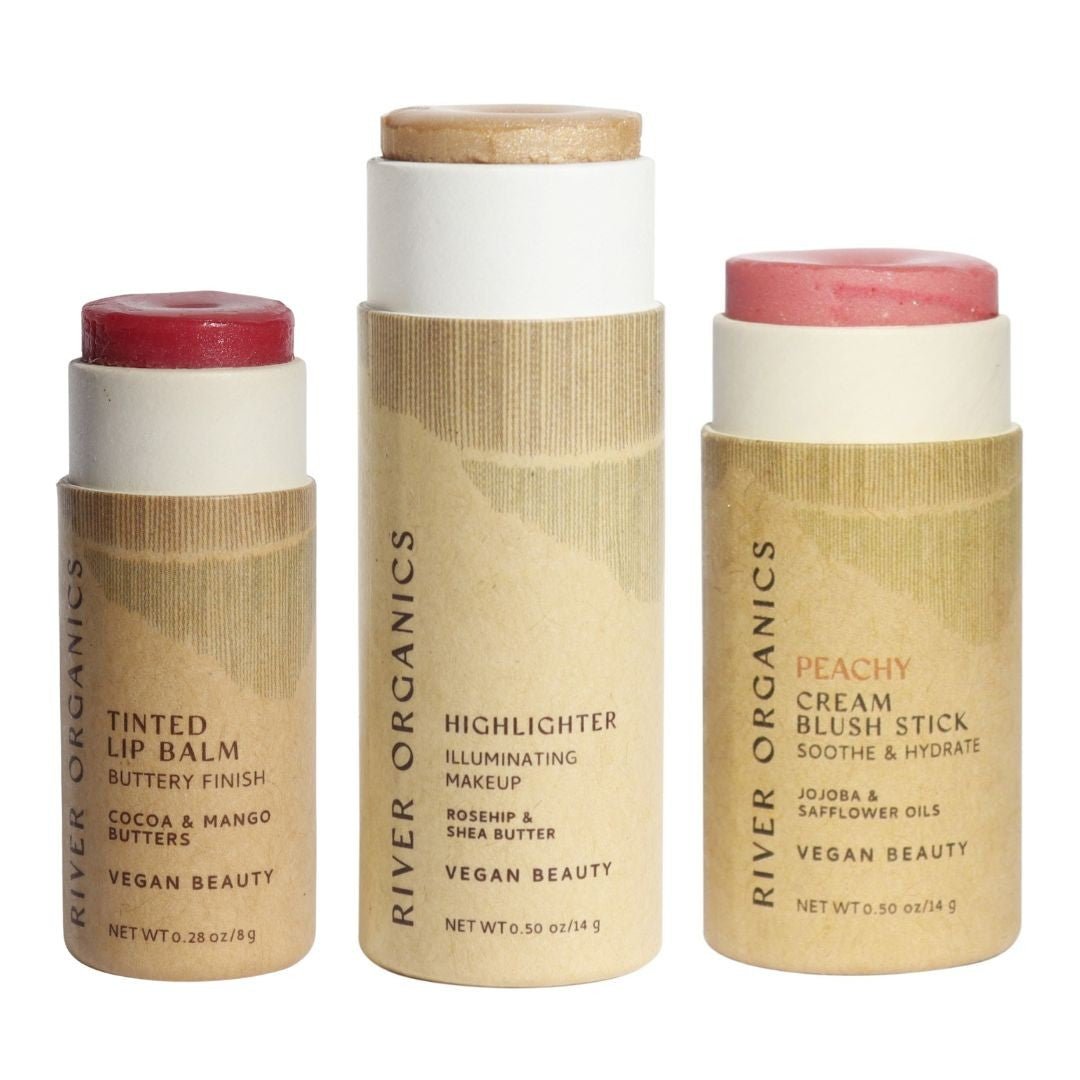 Lip + Highlighter + Blush Set – Customizable Vegan Makeup Trio | Plastic-Free, Organic &amp; Cruelty-Free Beauty
