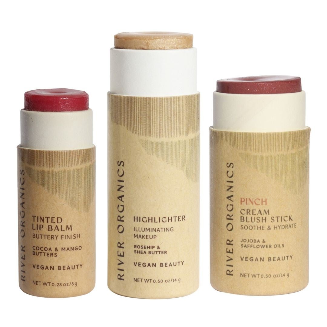 Lip + Highlighter + Blush Set – Customizable Vegan Makeup Trio | Plastic-Free, Organic &amp; Cruelty-Free Beauty