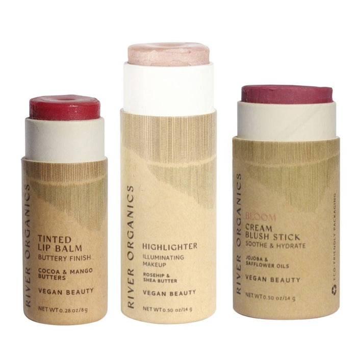 Lip + Highlighter + Blush Set – Customizable Vegan Makeup Trio | Plastic-Free, Organic & Cruelty-Free Beauty