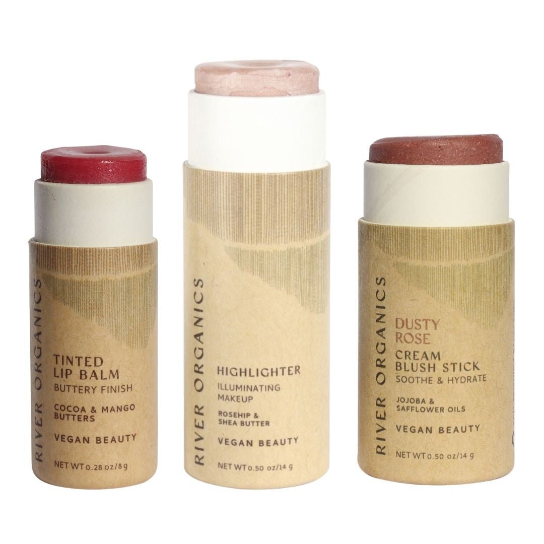 Lip + Highlighter + Blush Set – Customizable Vegan Makeup Trio | Plastic-Free, Organic &amp; Cruelty-Free Beauty
