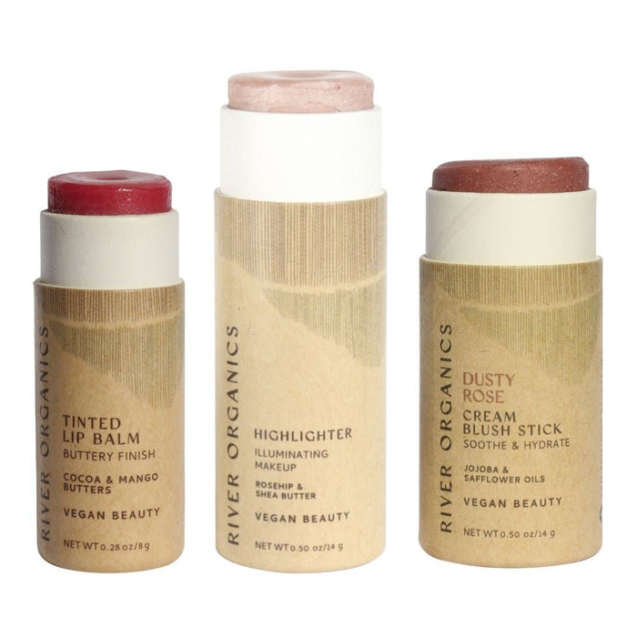Lip + Highlighter + Blush Set – Customizable Vegan Makeup Trio | Plastic-Free, Organic & Cruelty-Free Beauty
