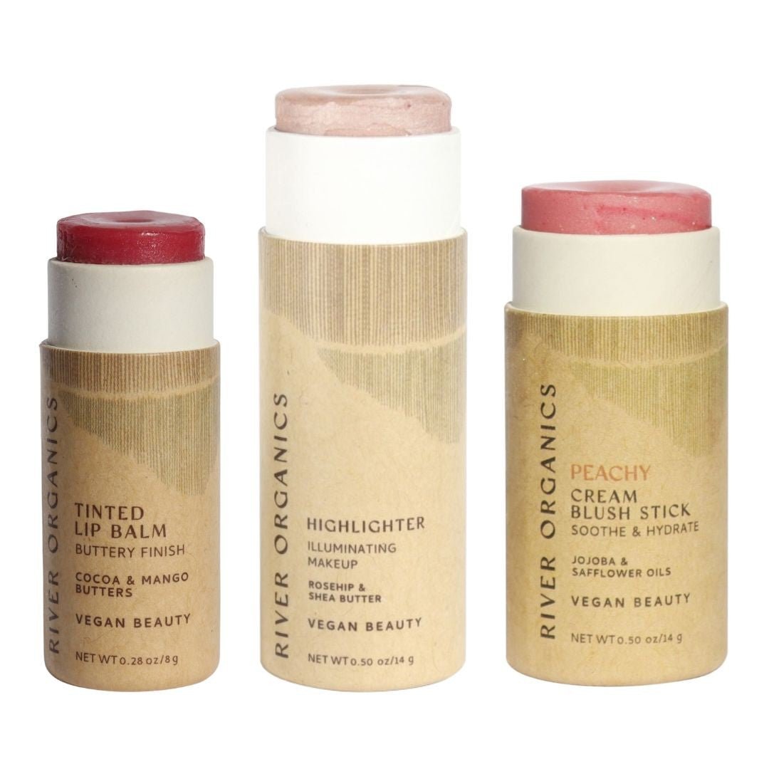 Lip + Highlighter + Blush Set – Customizable Vegan Makeup Trio | Plastic-Free, Organic &amp; Cruelty-Free Beauty